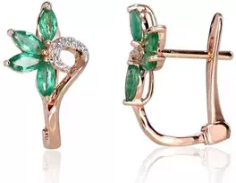 Auksiniai auskarai anglišku užsegimu, Raudonas Auksas, Briliantai , Smaragdas - 2.1 g. - 15 mm. - Briliantai (0,028Ct), Smaragdas (0,642Ct)