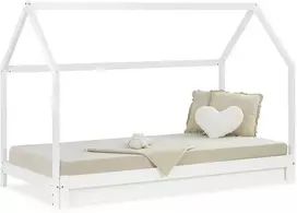 Homestyle4U Vaikiška lova, medinė namelio formos lova su ištraukiama papildoma lova, 206x142x100 cm, balta