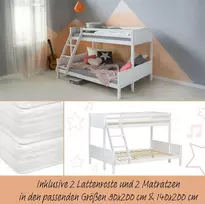Homestyle4U Dviaukštė lova, 207x146.5x139 cm, balta