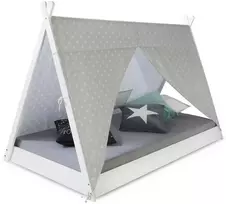 Homestyle4U Vaikiška lova, Tipi palapinės lova su čiužiniu, 105.5x208x132.5 cm, balta pilka