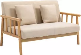 HOMCOM dvivietė sofa, 2 pagalvėlės juosmeniui, paminkštinta, medinis rėmas, lino išvaizda, mažiems kambariams, smėlio spalvos