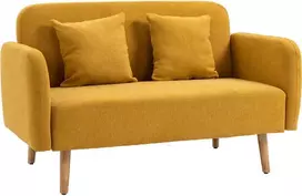 HOMCOM dvivietė sofa-lovesa su pagalvėlėmis, reguliuojamos kojų atramos, aksominis poliesteris, putplastis, kompaktiškas dizainas, 2 sėdimos vietos, natūrali + geltona