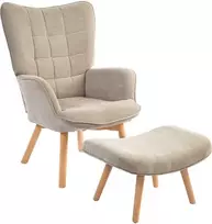 Fotelis "HOMCOM" sparnuotas krėslas su taburete, atsilenkiantis krėslas, velveto išvaizdos minkštas krėslas, poilsio krėslas, krėslas su medinėmis kojomis, televizoriaus krėslas svetainėje, rudos spalvos
