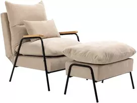 HOMCOM Relaksacinis Krėslas su Pufu, Reguliuojamu Atlošu, Gulimos Padėties Funkcija, Pagalve | Modernus Minkštas Fotelis Svetainei, Kordo Išvaizda, Atlaiko iki 180 kg, Smėlio Spalvos
