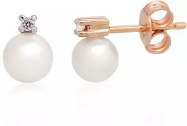 Auksiniai auskarai vinukai, Raudonas Auksas, Briliantai , Perlai - 1.41 g. - 8 mm. - Briliantai (0,04Ct), Perlai