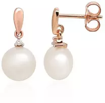 Auksiniai auskarai vinukai, Raudonas Auksas, Briliantai , Perlai - 2.4 g. - 17 mm. - Briliantai (0,02Ct), Perlai