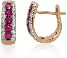 Auksiniai auskarai anglišku užsegimu, Raudonas Auksas, Briliantai , Smaragdas,Briliantai , Rubinas,Briliantai , Safyras - 2.5 g. - 14 mm. - Briliantai (0,134Ct), Rubinas (0,643Ct)