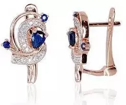 Auksiniai auskarai anglišku užsegimu, Raudonas Auksas, Briliantai , Safyras - 3.37 g. - 16 mm. - Briliantai (0,078Ct), Safyras (0,502Ct)