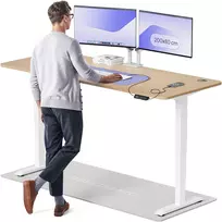 Elektrinis reguliuojamo aukščio stalas Desktronic HomePro Bambukas/Baltas, 200x80cm, Dvigubas motoras, USB ir USB-C įkrovimo lizdai