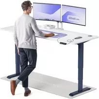 Elektrinis reguliuojamo aukščio stalas Desktronic HomePro Mėlynas/Baltas, 200x80cm, Dvigubas motoras, USB ir USB-C įkrovimo lizdai
