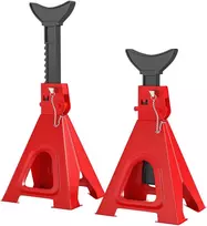 HOMCOM Atraminiai stovai automobiliui, 2 vnt., 6 tonų keliamoji galia, su 2 saugos kaiščiais, 13 padėčių reguliuojamas aukštis nuo 375 mm iki 592 mm, skirti dirbtuvėms/garažui, raudoni