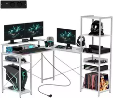 HOMCOM rašomasis stalas, L formos žaidimų stalas su lentyna, kompiuterio stalas su monitoriaus stovu, lizdu, USB įkrovimo prievadu kampinis stalas namų biurui, miegamajam, 137 x 140 x 139,5 cm baltas