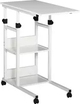 HOMCOM šoninis staliukas su ratukais, reguliuojamo aukščio kavos staliukas, 2 lentynos, E1 medžio drožlių plokštė, baltas, 80x40x72-82 cm