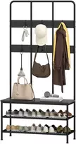 HOMCOM 3-in-1 Drabužinė, Drabužių Kabykla, Suoliukas, Batų Lentyna, Metalo, Medžio Drožlių Plokštė, Juoda