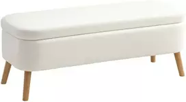 HOMCOM pufas, sėdimasis pufas su 65 L talpa, atrama kojoms, fliso audinys, kaučiuko mediena, putplastis, 120 x 42 x 45 cm, kreminės baltos spalvos