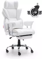 Atslenkiama biuro kėdė su atrama kojoms, PU oda, balta, ergonomiška, reguliuojama, didelė kėdė, vadovo kėdė.