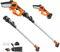 Akumuliatorinis kotinis pjūklas ir mini grandininis pjūklas, 20 V 2 Ah, 12.7 cm pjovimo gylis, 2.43 m ilgis, šakų genėjimui, medžių priežiūrai, aukštapjovė