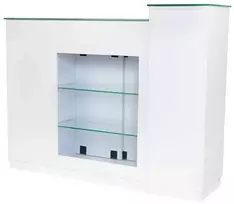 Registratūros stalas salonams, modernus registratūros prekystalis, elegantiškas priekinis stalas, komerciniai registratūros baldai, laukiamojo stalas