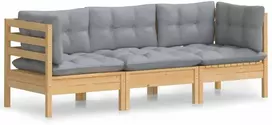Trivietė sodo sofa su pilkomis pagalvėlėmis, pušies masyvas