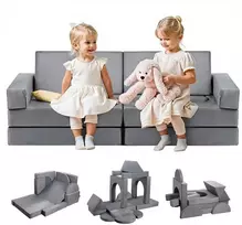 Modulinė vaikiška žaidimų sofa, sekcijinė mažylio sofa, kūrybinis derinys žaidimų kambariui, pilki vaikiški baldai, 14 dalių sofos komplektas