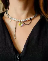 Handmade Rankų darbo kaklo vėrinys su tikru gėlavandeniu perlu ir Swarovski kristalu