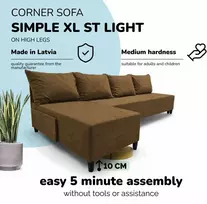 Meb Podrez Didelis kampinis sofos lovos komplektas be porankių Simple XL St Light Rudo spalvos