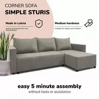 Meb Podrez Kampinė išskleidžiama sofa lova su patalynės dėže „Simple Sturis“, „Podrez“, šviesiai pilkos spalvos
