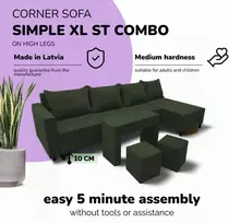 Meb Podrez Didelis kampinis sofos komplektas su staliuku ir pufais Simple XL St Combo, Turkiu žalia