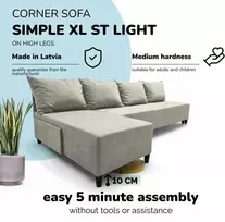 Meb Podrez Didelis kampinis sofos lovos komplektas be porankių Simple XL St Light Šviesiai pilka