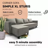 Meb Podrez Klasikinis didelis kampinis sofos komplektas Simple XL Sturis, Šviesiai pilka
