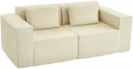 Fotelis 3 vietų sofa, minkšta putplasčio struktūra, plačios porankiai, 2 pagalvėlės, kordo gobelenas, smėlio spalvos