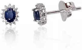 Auksiniai auskarai su brangakmeniais. Metalas: Baltas Auksas. Praba: 585°. Akmuo: Briliantai , Safyras - 1.42 g. - 8 mm. - Briliantai (0,078Ct), Safyras (0,428Ct)