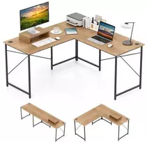 Promotions Kompiuterio stalas, L formos konvertuojamas kampinis stalas, 150x150x74,5 cm, natūralios spalvos, medžio drožlių plokštė, metalas