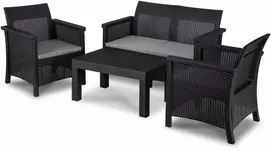 Grandininis pjūklas BRENTA sodo baldų komplektas, juodas/pilkas, 2 foteliai, sofa, terasos stalas, modernus technoratanas