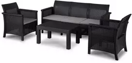Grandininis pjūklas SAVIO sodo baldų komplektas, juoda sofa, 2 foteliai, terasos stalas, modernus technoratanas