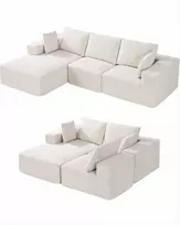 Modulinė sekcijinė sofa, L formos su gulimąja dalimi, velvetu aptraukta sofa svetainei, minkšta sofa su aukšto atšokimo kempine, smėlio spalvos, kampinė sofa poilsiui