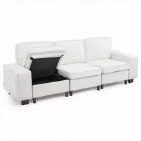 3 vietų sofa, modulinė sekcijinė sofa su daiktadėže, moderni minkšta sofa su šoninėmis kišenėmis ir metaliniu rėmu, svetainei miegamajam butui biurui, balta sekcijinė sofa su saugykla