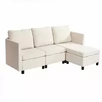Modulinė sekcijinė sofa svetainei ir miegamajam, su paslėpta dėtuve ir aukšto atšokimo kempine, 3 vietų minkštas kampas, balkšva sofa su pufu