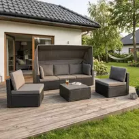 Grandininis pjūklas CALIENTE sodo baldų komplektas: modulinė sofa, 2 foteliai, terasos stalas, juoda/ruda, modernus technoratanas