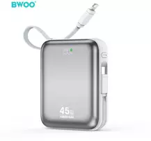 BWOO power bank P77 45W, 10000 mAh with USB-C and Lightning cable, pilkas