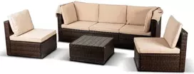 Grandininis pjūklas CALIENTE sodo baldų komplektas: modulinė sofa, 2 foteliai, terasos stalas, ruda/smėlio spalvos, modernus technoratanas