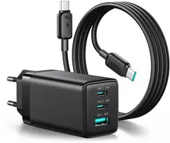 Joyroom JR-TG10 65W GaN 2x USB-C + USB-A wall charger with 100W USB-C - USB-C 1.2m cable - juodas