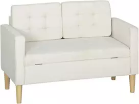 HOMCOM Dviejų vietų sofa su daiktadėže, sagčių apdaila, pagalvėlėmis, kaučiuko mediena, 117x62x78cm, kreminės baltos spalvos