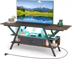 COSTWAY TV staliukas su LED apšvietimu, USB ir C tipo lizdais, 140 × 40 × 54 cm, tamsiai rudas