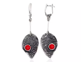 Sidabriniai auskarai anglišku užsegimu, Metalas: Sidabras, Praba: 925°, Akmuo: Koralas (Imitacija) - 9.7 g. - 64 mm.