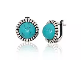 Sidabriniai auskarai anglišku užsegimu, Metalas: Sidabras, Praba: 925°, Akmuo: Turkis (Imitacija) - 14 mm. - 4.8 g.