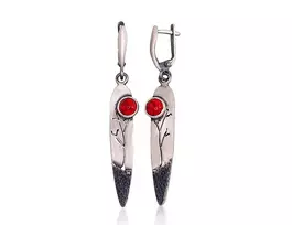 Sidabriniai auskarai anglišku užsegimu, Metalas: Sidabras, Praba: 925°, Akmuo: Koralas (Imitacija) - 8.9 g. - 63 mm.