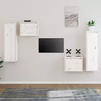 TV staliukas Televizoriaus spintelės, 4vnt., baltos, pušies medienos masyvas