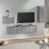 TV staliukas TV spintelių komplektas, 4 dalių, pilkas ąžuolo, mediena