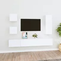 TV staliukas Televizoriaus spintelių komplektas, 5 dalių, baltas, mediena